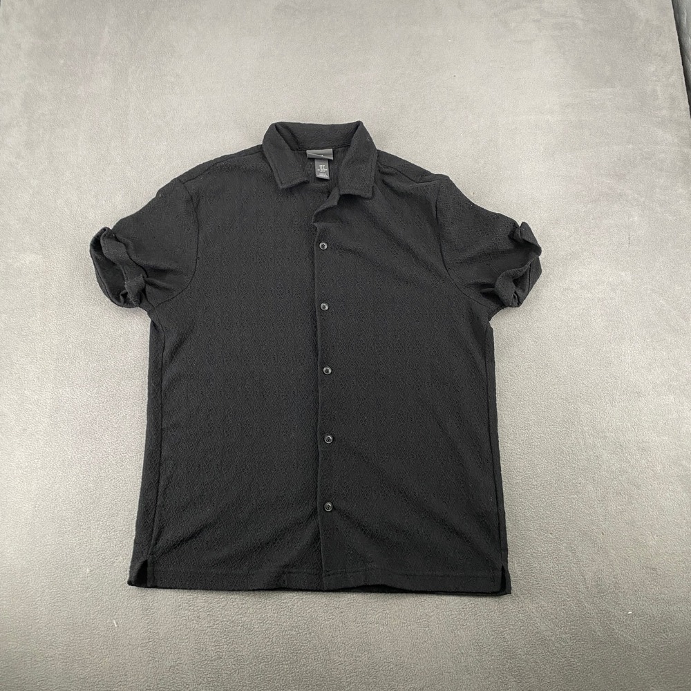 HM Regular Fit Black Textured Knit Short Sleeve Button Up Shirt Mens Medium